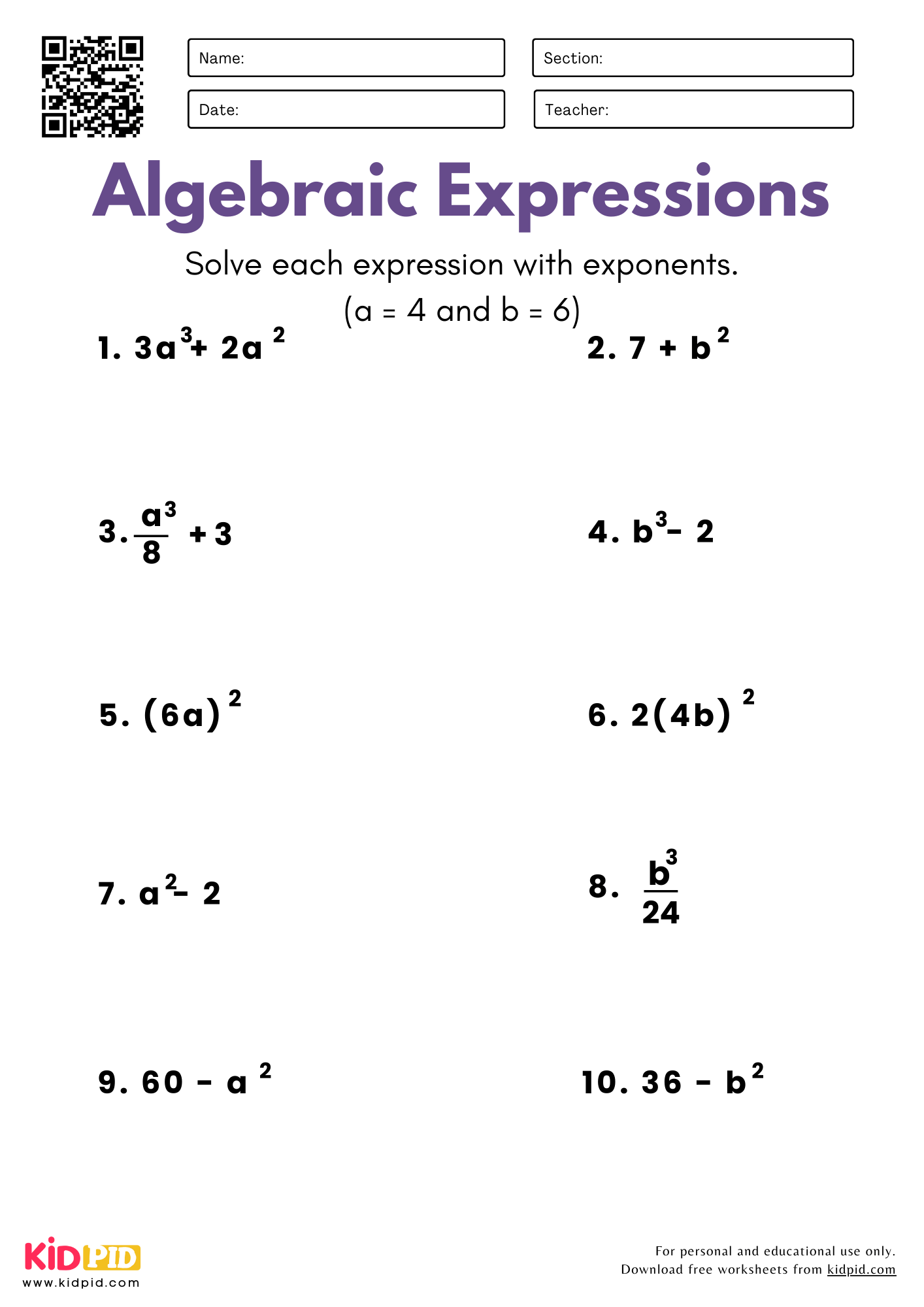 Algebraic Expressions with One Variable (With Exponents) Worksheet For Grade 5