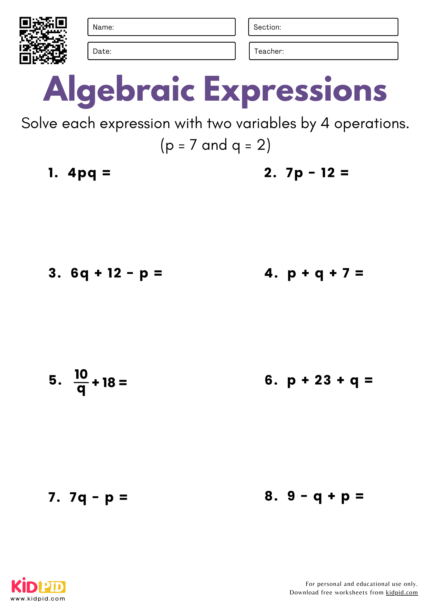 Algebraic Expressions with Two Variables (4 Operations) Worksheet For Grade 5