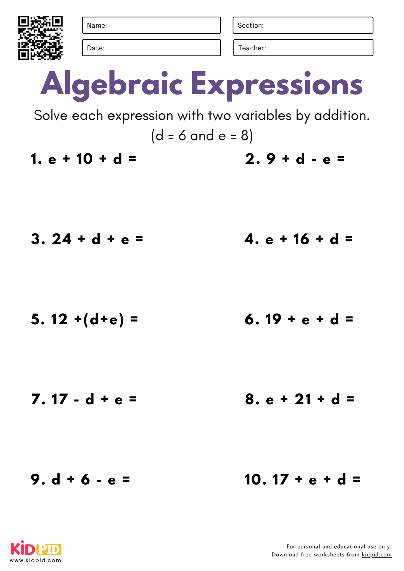 Algebraic Expressions with Two Variables (By Addition) Worksheet For Grade 5