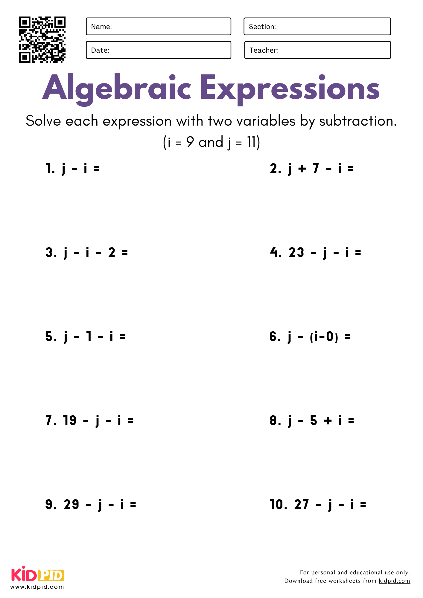 Algebraic Expressions with Two Variables (By Subtraction) Worksheet For Grade 5