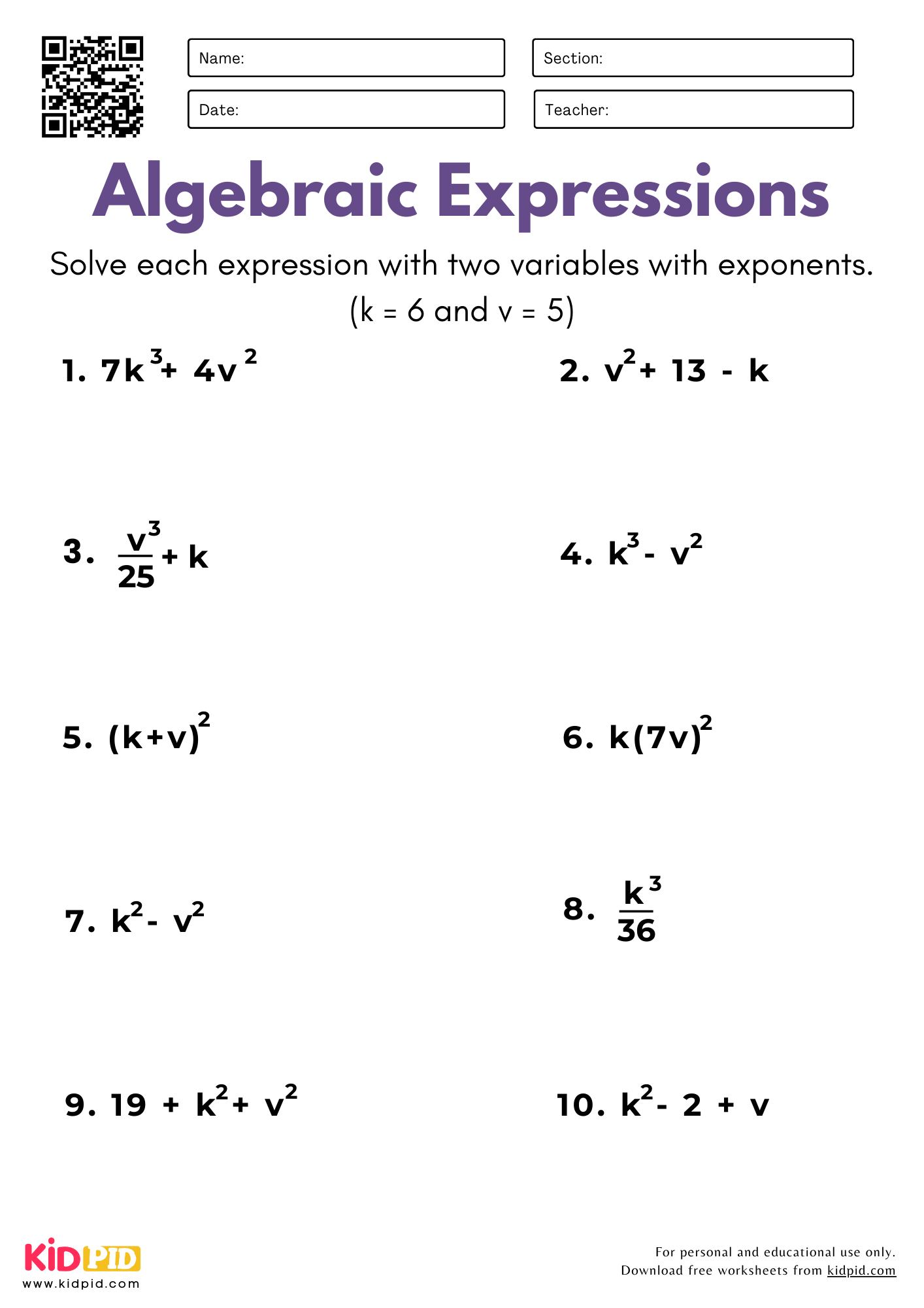Algebraic Expressions with Two Variables (With Exponents) Worksheet For Grade 5