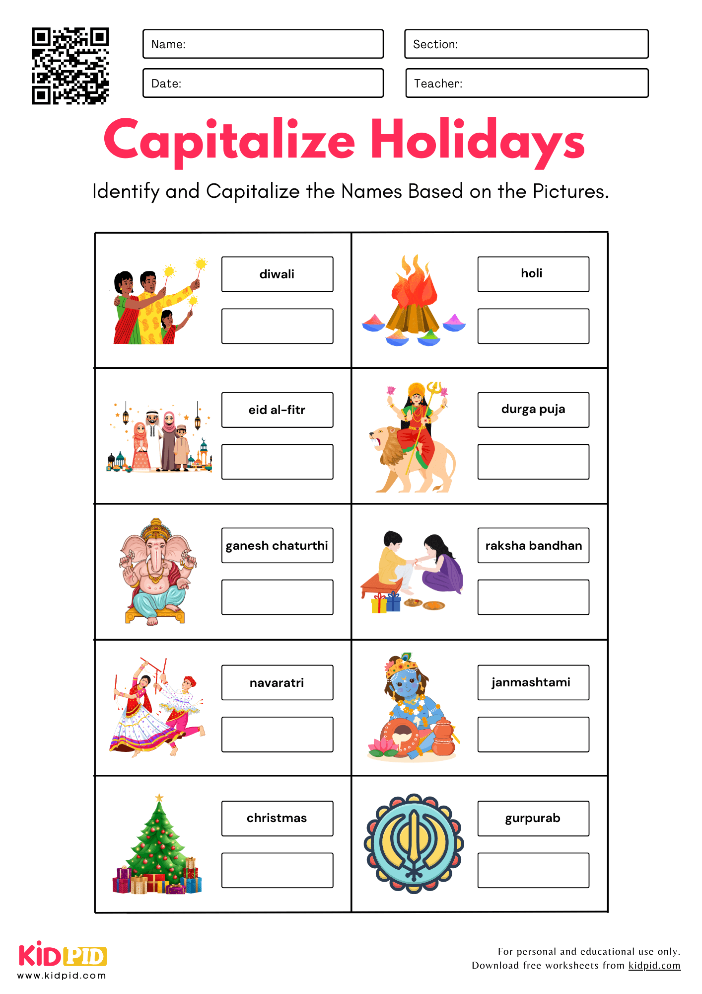 Capitalize Indian Holidays Worksheet For Grade 2