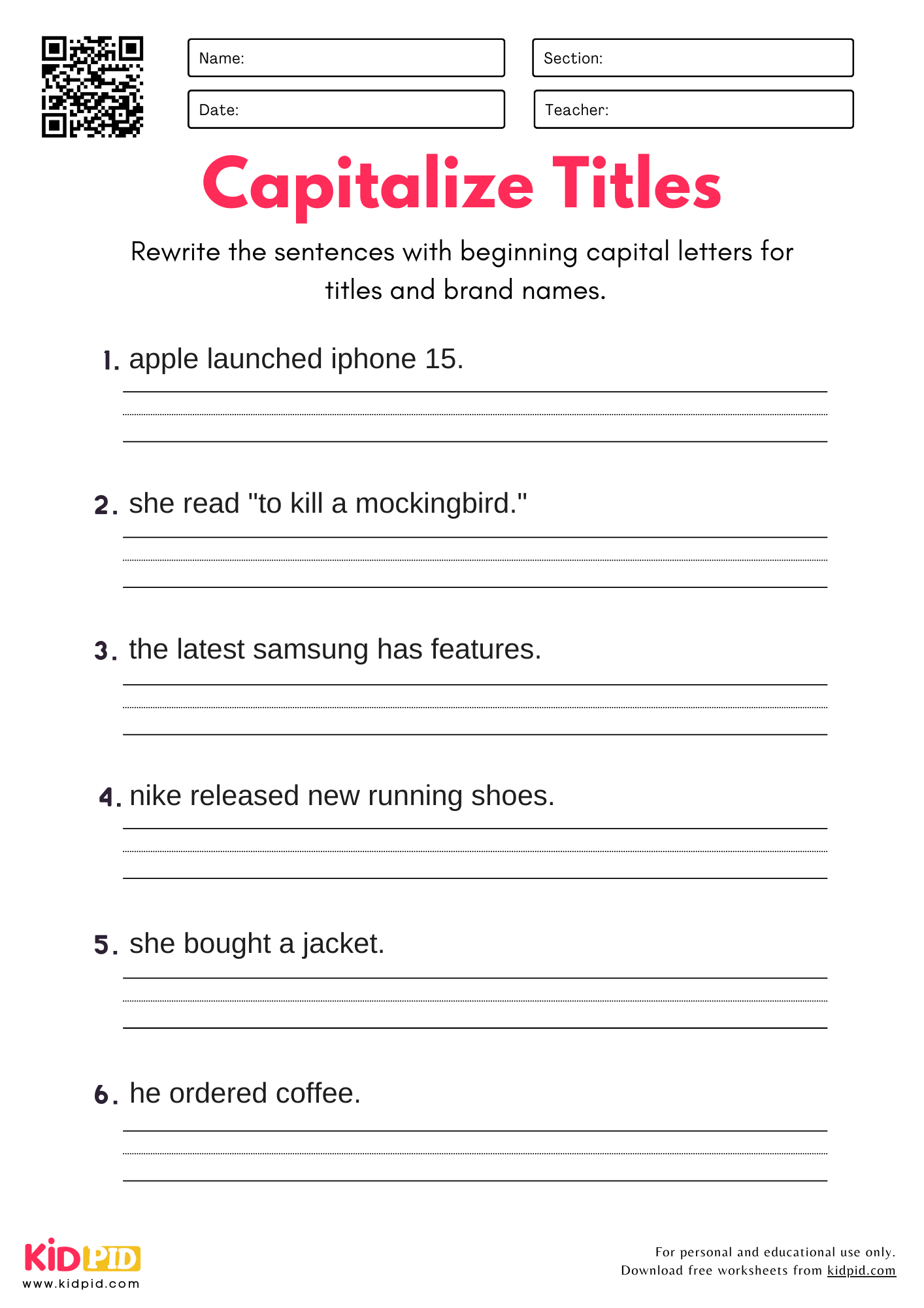 Capitalize Titles Worksheet For Grade 2