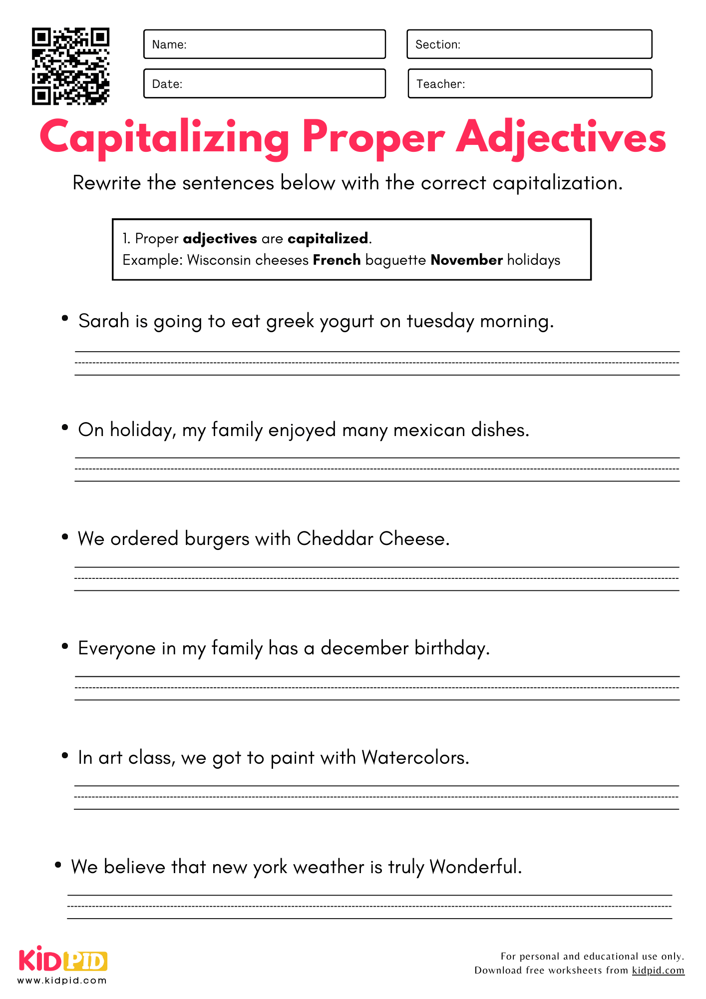 Capitalizing Proper Adjectives Worksheet For Grade 4