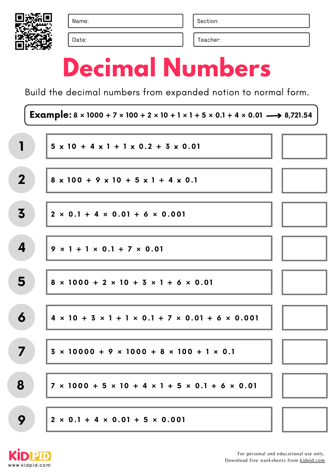 Convert Decimal Numbers (Expanded Notion to Normal Form) Place Value Worksheet for Grade 5