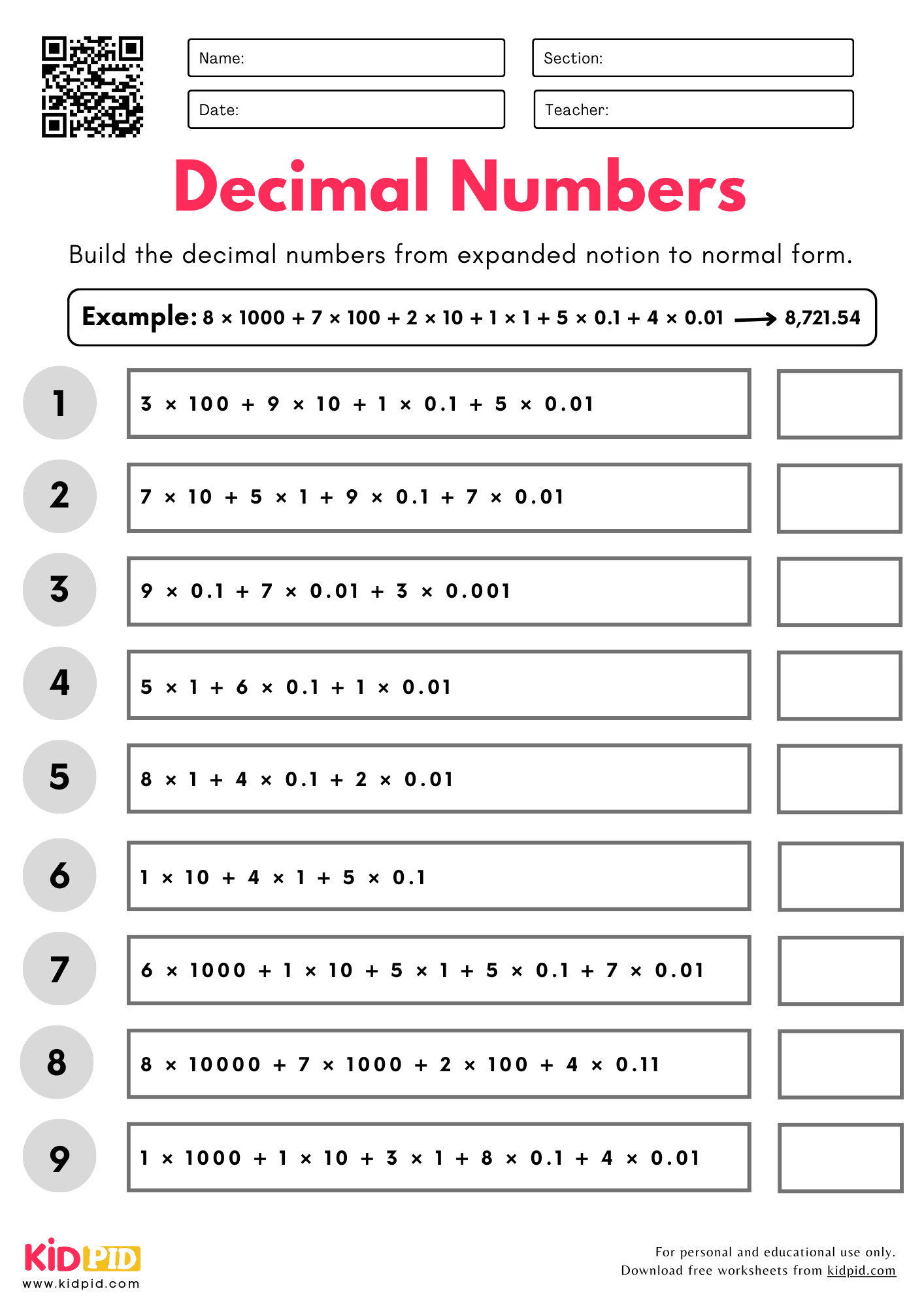 Convert Decimal Numbers (Expanded Notion to Normal Form) Place Value Worksheet for Grade 5