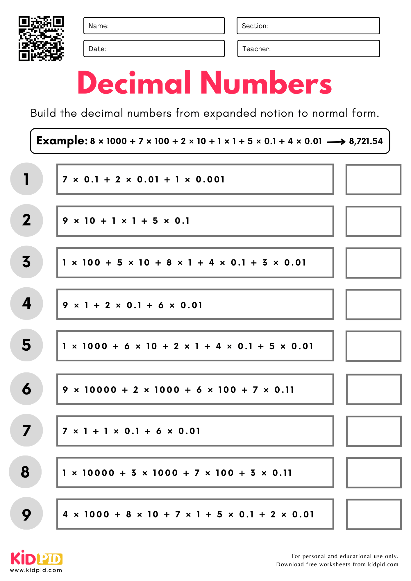 Convert Decimal Numbers (Expanded Notion to Normal Form) Place Value Worksheet for Grade 5