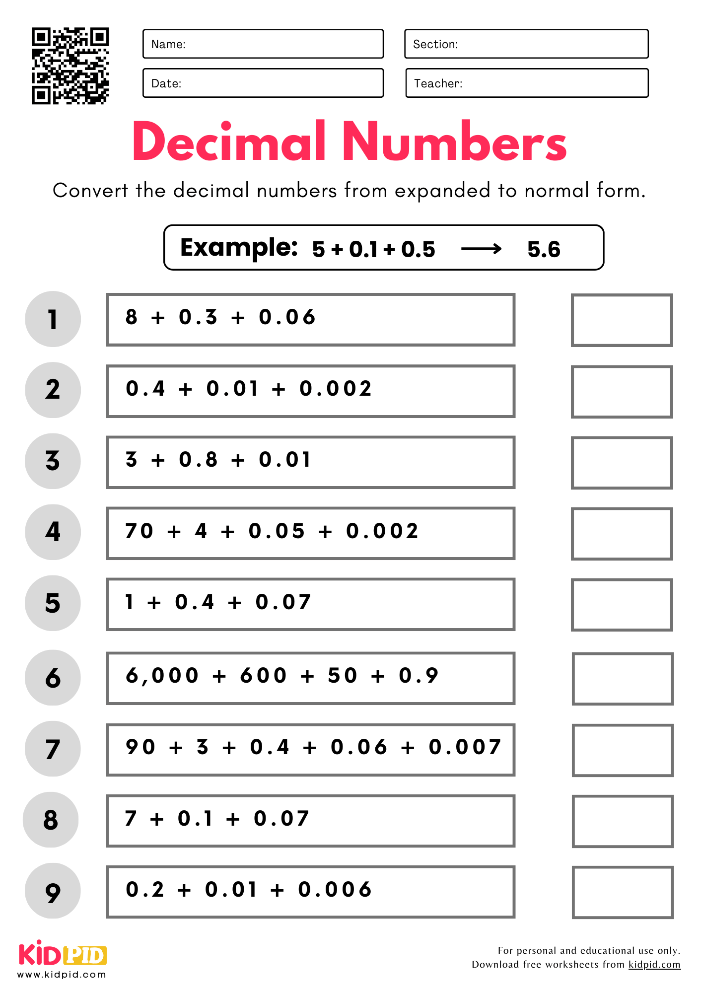 Convert Decimal Numbers (Expanded to Normal Form) Place Value Worksheet for Grade 5
