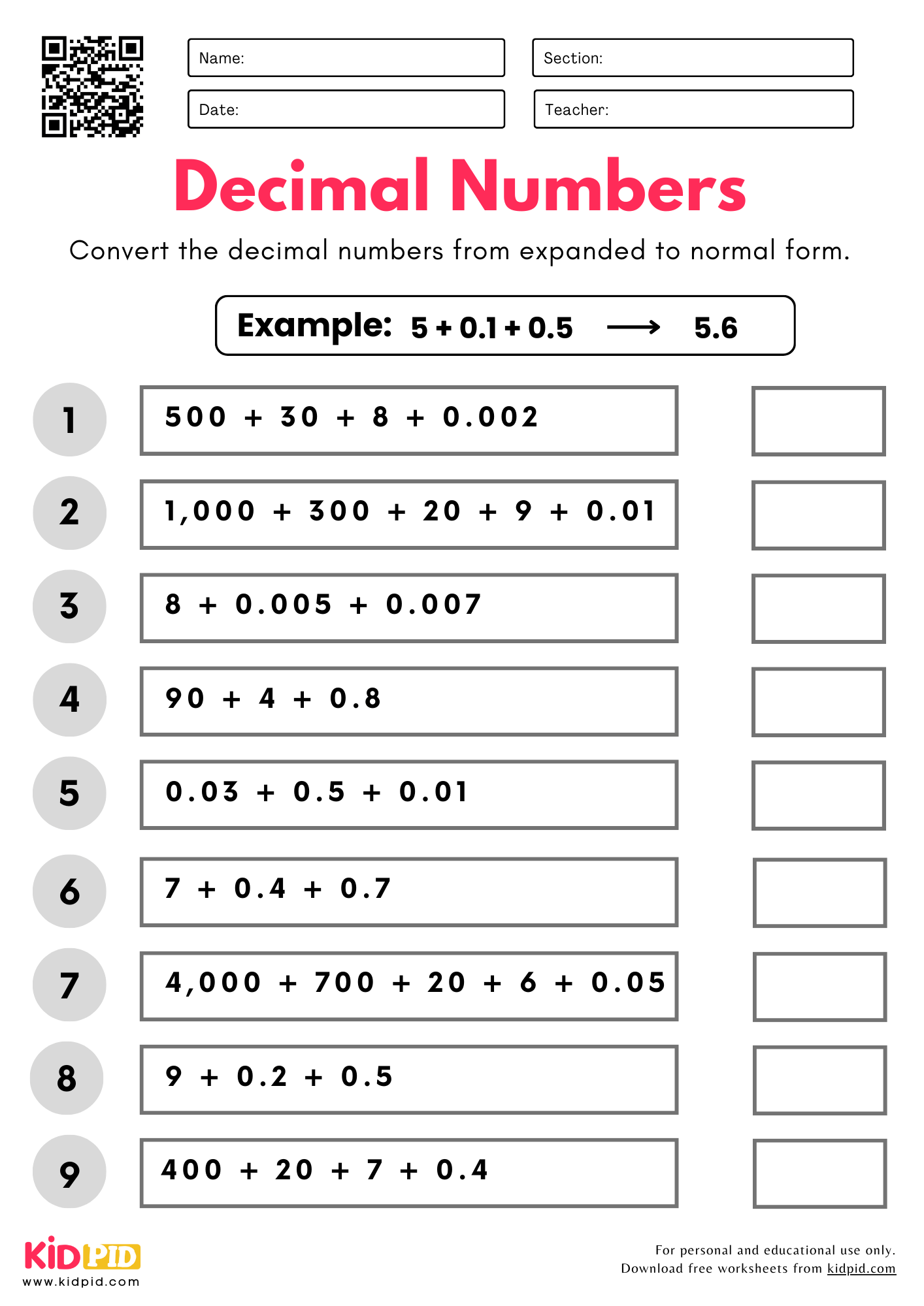 Convert Decimal Numbers (Expanded to Normal Form) Place Value Worksheet for Grade 5