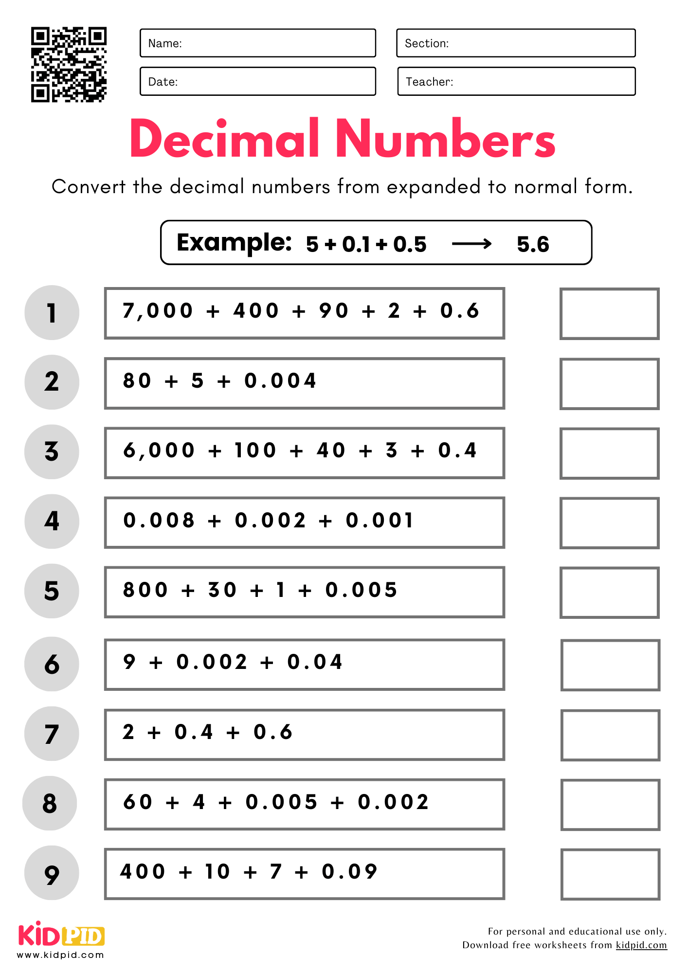 Convert Decimal Numbers (Expanded to Normal Form) Place Value Worksheet for Grade 5