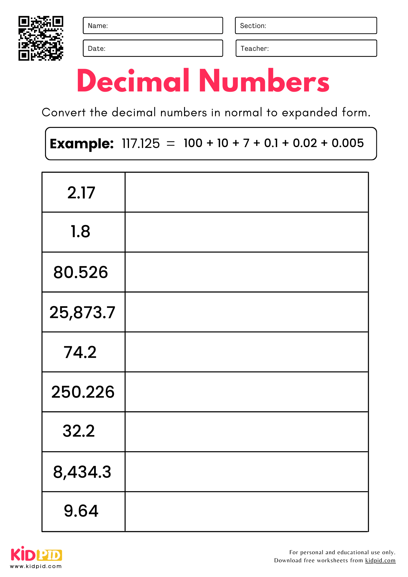 Convert Decimal Numbers (Normal to Expanded Form) Place Value Worksheet for Grade 5