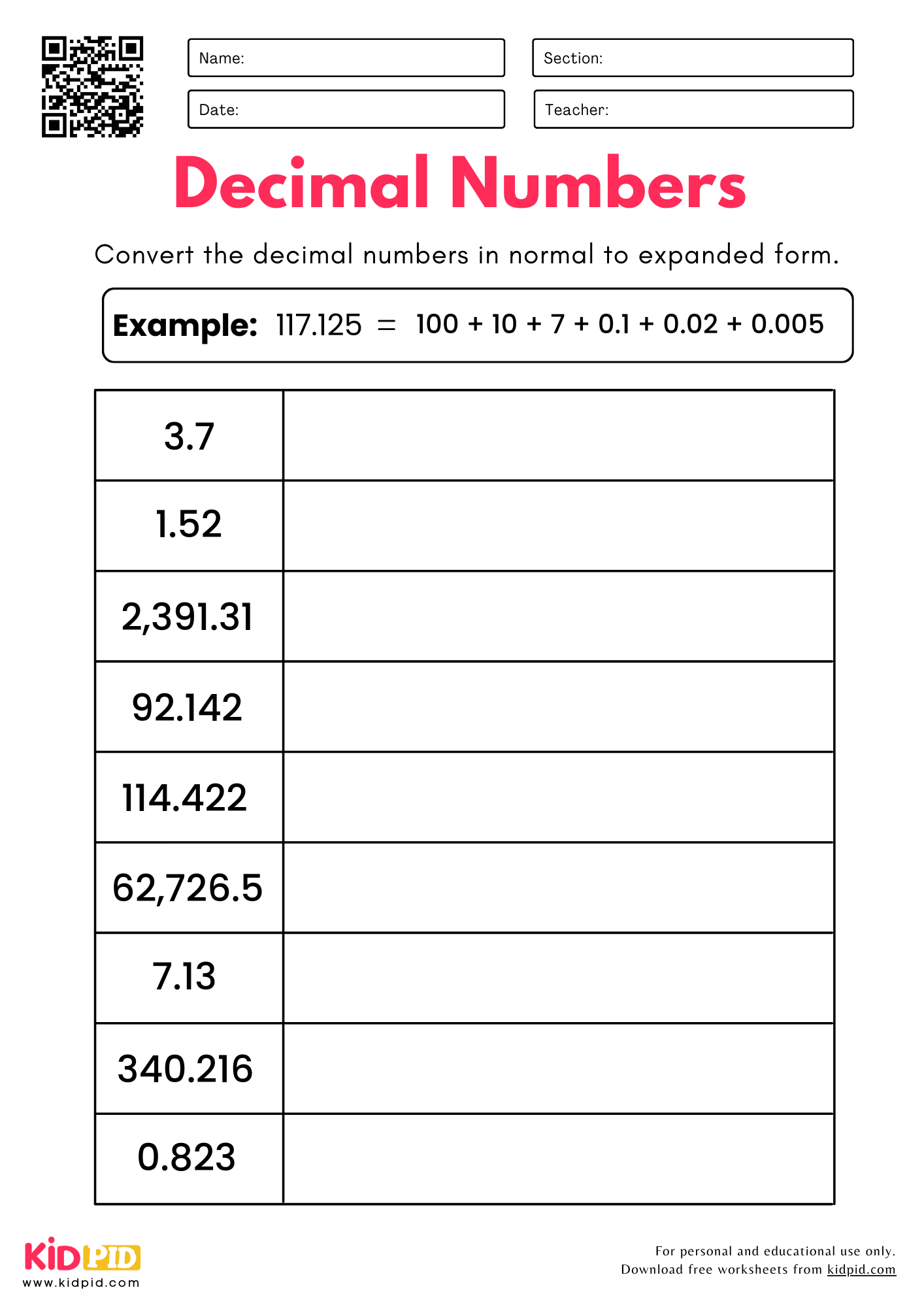 Convert Decimal Numbers (Normal to Expanded Form) Place Value Worksheet for Grade 5