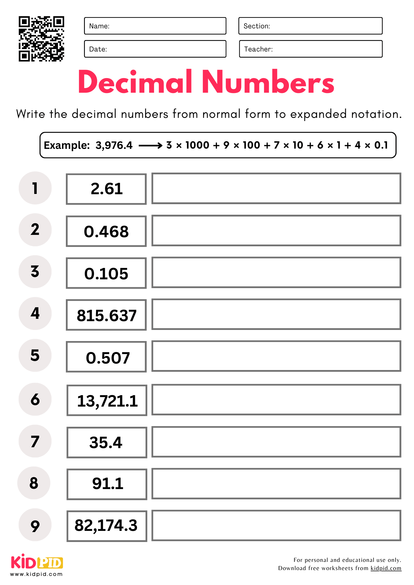 Convert Decimal Numbers (Normal to Expanded Notion) Place Value Worksheet for Grade 5