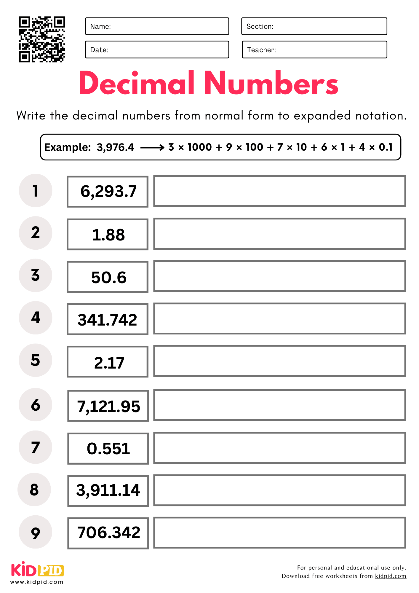 Convert Decimal Numbers (Normal to Expanded Notion) Place Value Worksheet for Grade 5