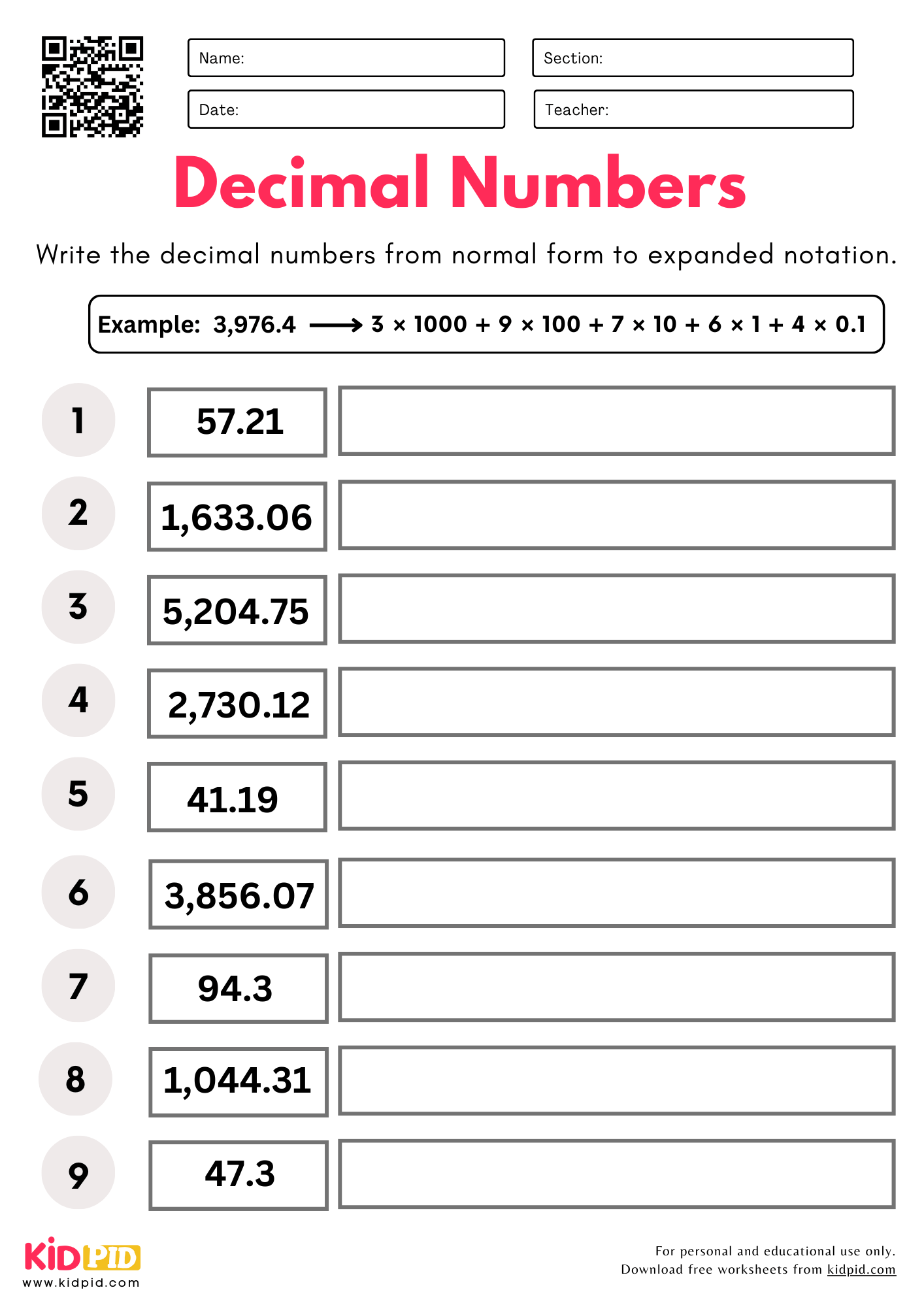 Convert Decimal Numbers (Normal to Expanded Notion) Place Value Worksheet for Grade 5