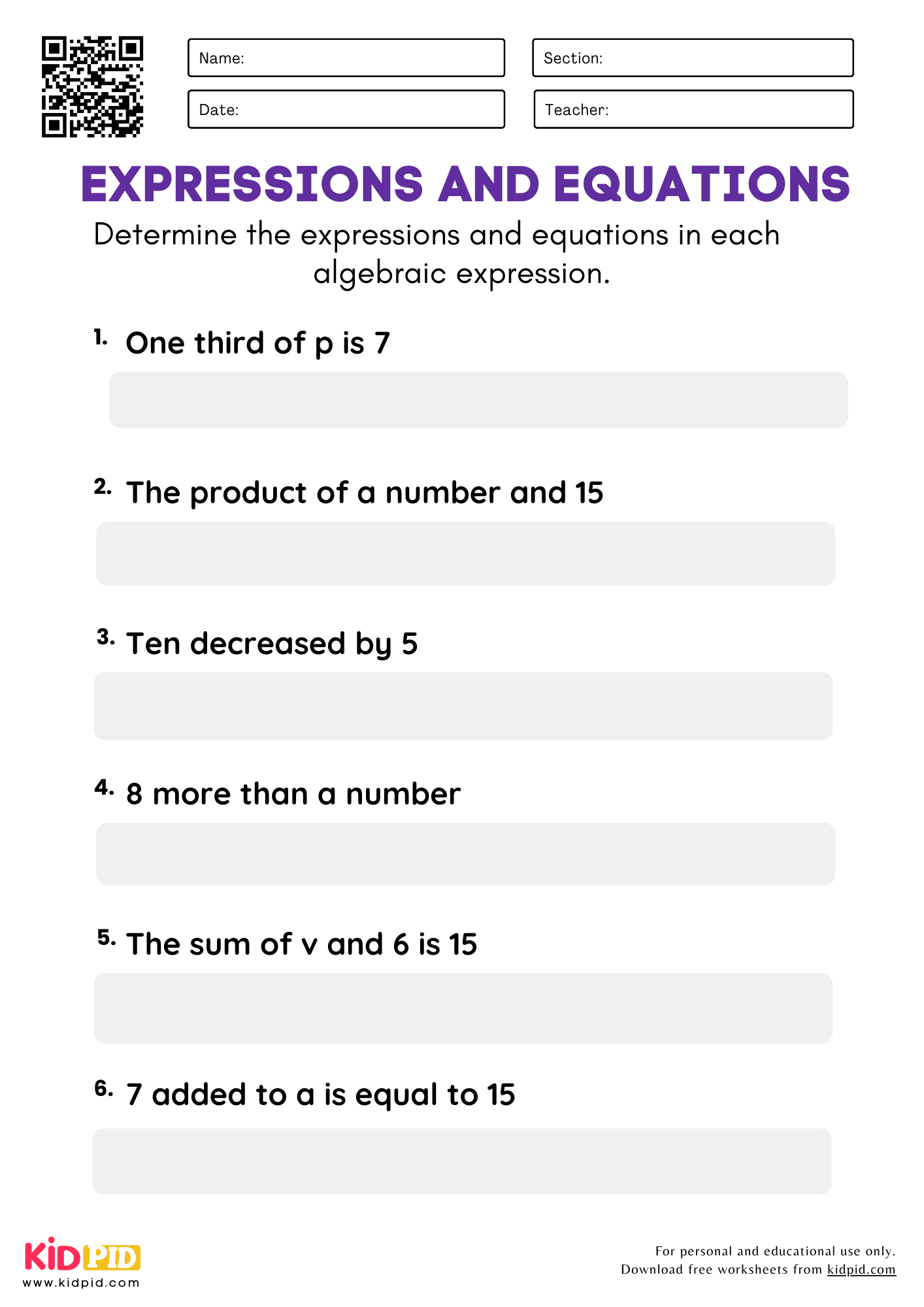 Determining Expression & Equation Worksheet For Grade 5