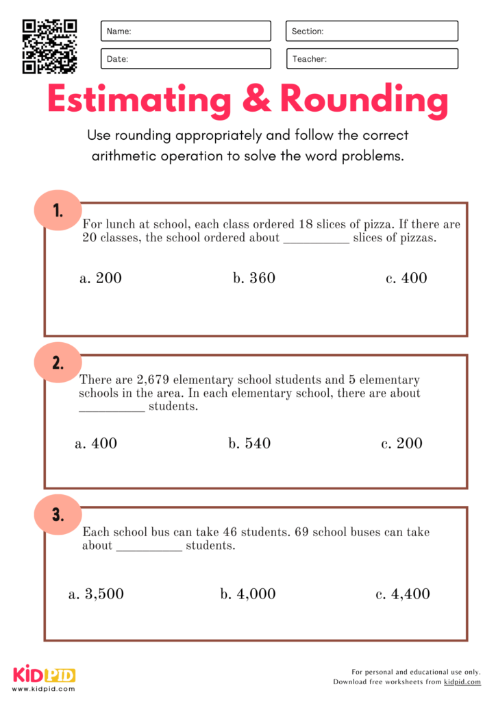 Estimating & Rounding Word Problems Worksheet For Grade 4