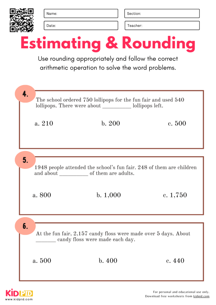 Estimating & Rounding Word Problems Worksheet For Grade 4