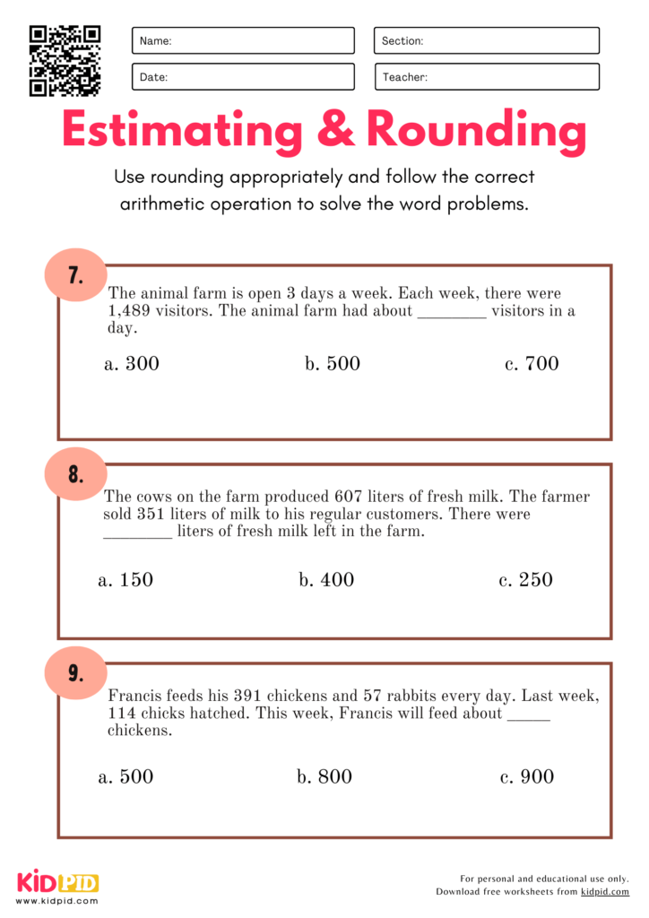 Estimating & Rounding Word Problems Worksheet For Grade 4