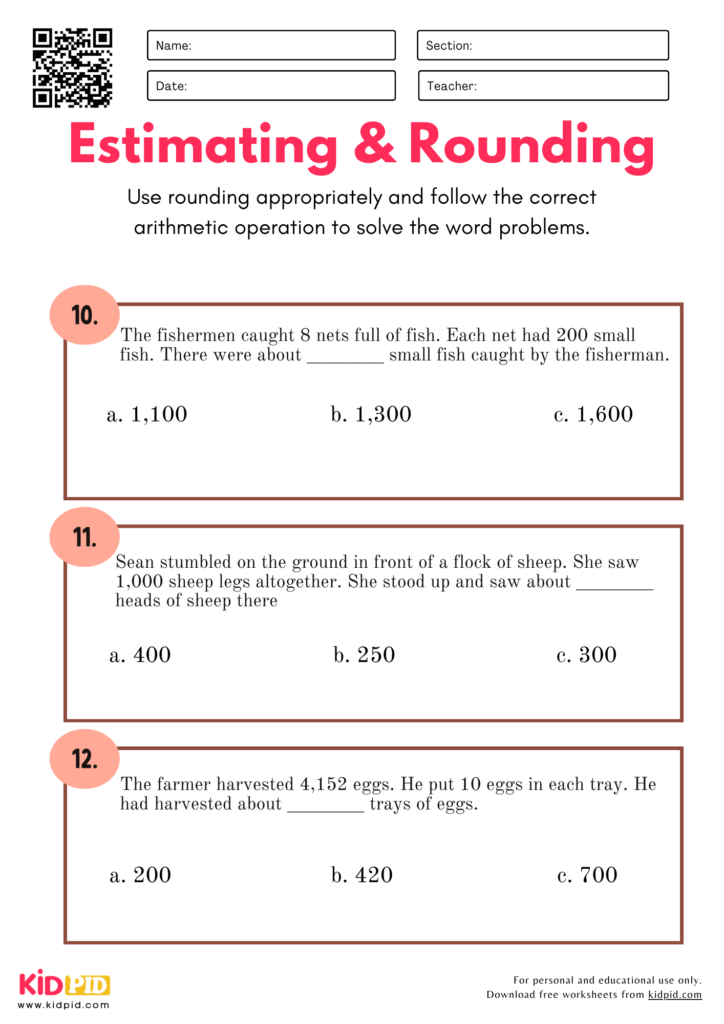 Estimating & Rounding Word Problems Worksheet For Grade 4