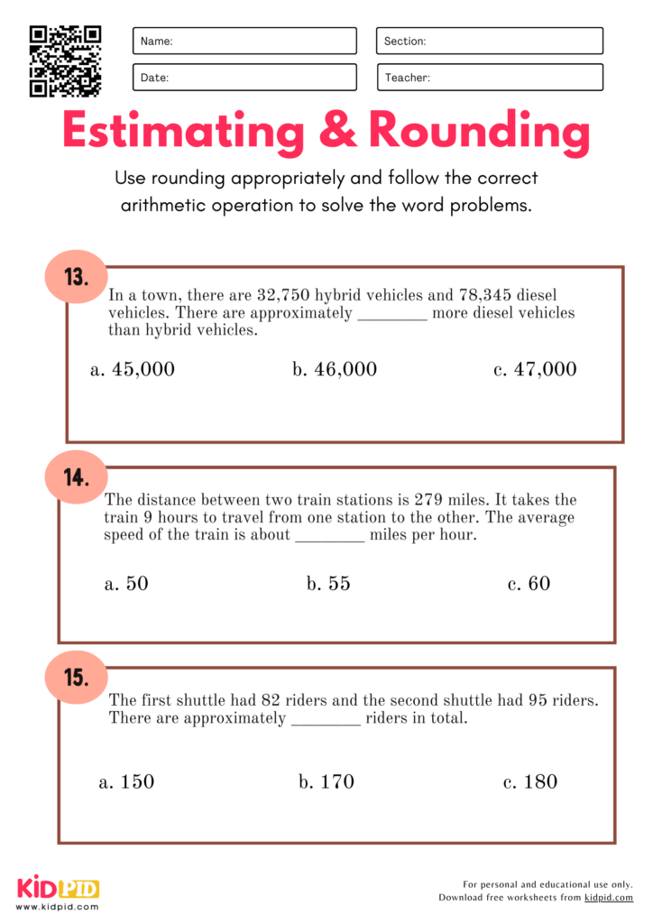 Estimating & Rounding Word Problems Worksheet For Grade 4