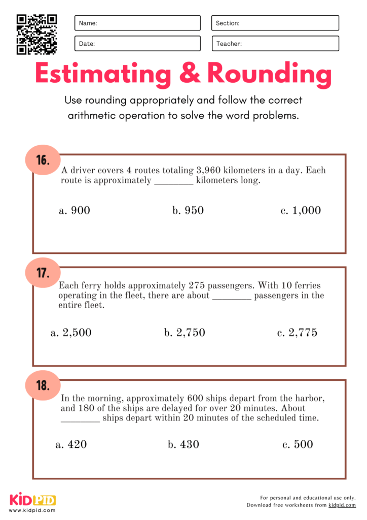 Estimating & Rounding Word Problems Worksheet For Grade 4
