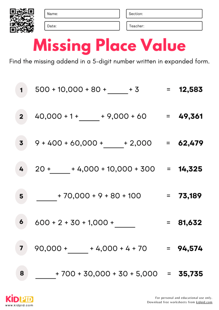 Find Missing Place Value (5-digits) Worksheet For Grade 5