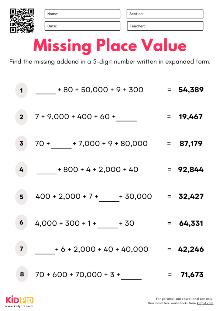 Find Missing Place Value (5-digits) Worksheet For Grade 5