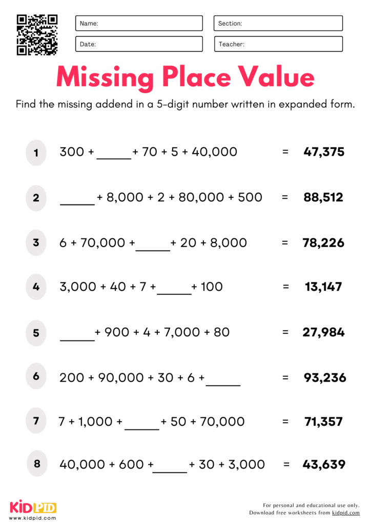Find Missing Place Value (5-digits) Worksheet For Grade 5