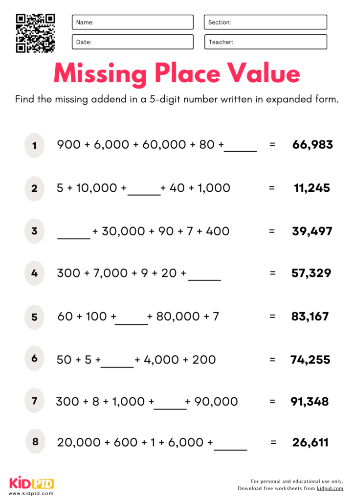 Find Missing Place Value (5-digits) Worksheet For Grade 5