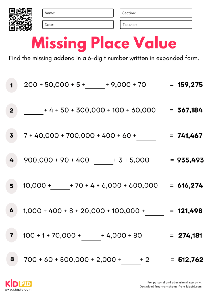 Find Missing Place Value (6-digits) Worksheet For Grade 5