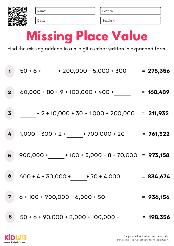 Find Missing Place Value (6-digits) Worksheet For Grade 5