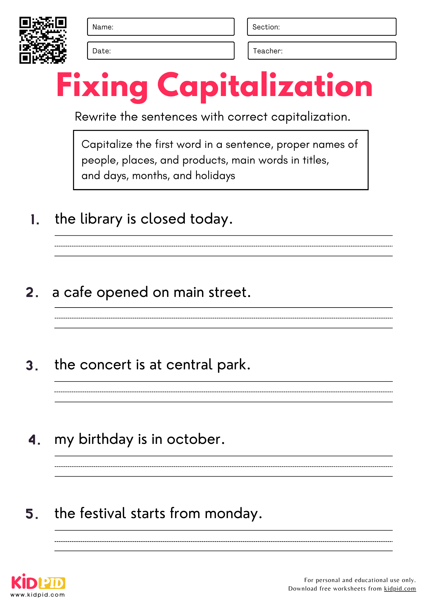 Fixing Capitalization Worksheet For Grade 4
