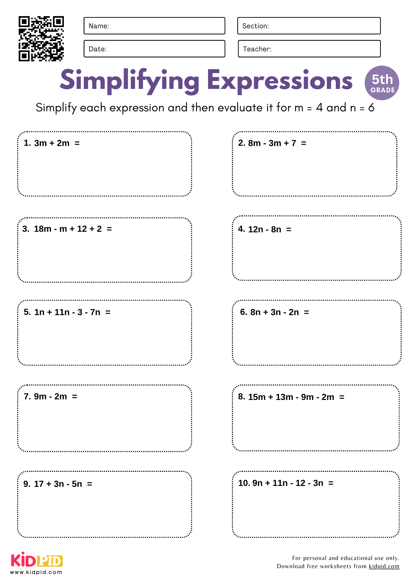 Rewrite &Evaluate Simplifying Expression Worksheet For Grade 5