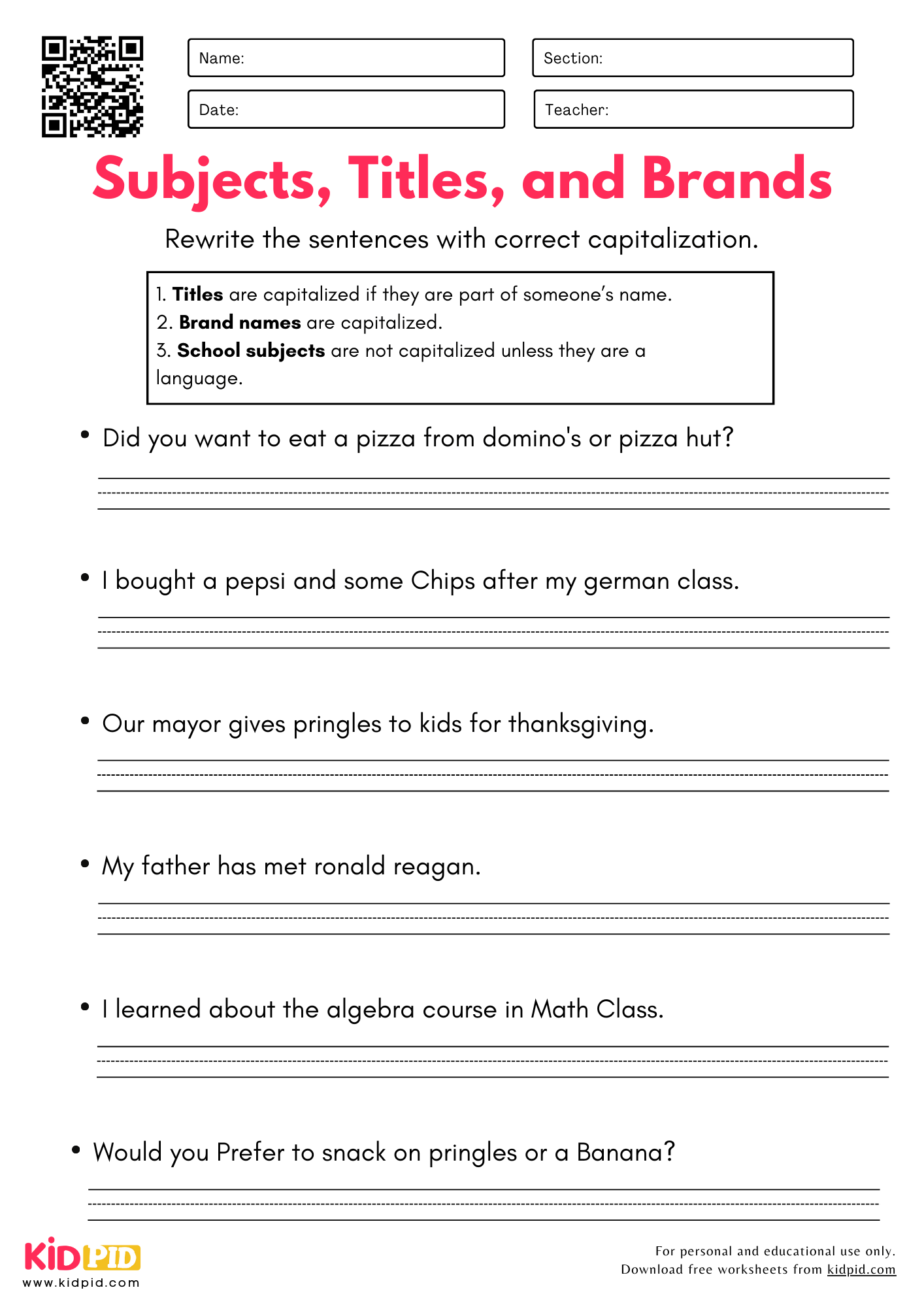 Subjects, Titles and Brands Worksheet For Grade 4