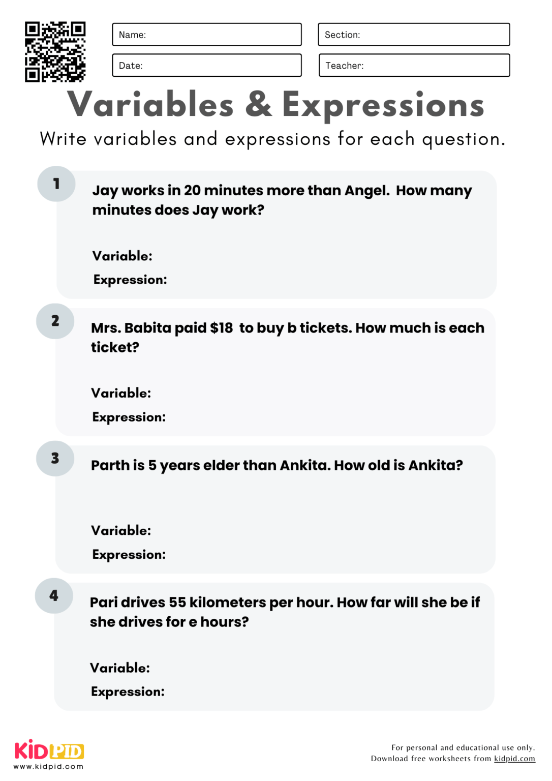 Algebra Worksheets For Grade 5 - Kidpid