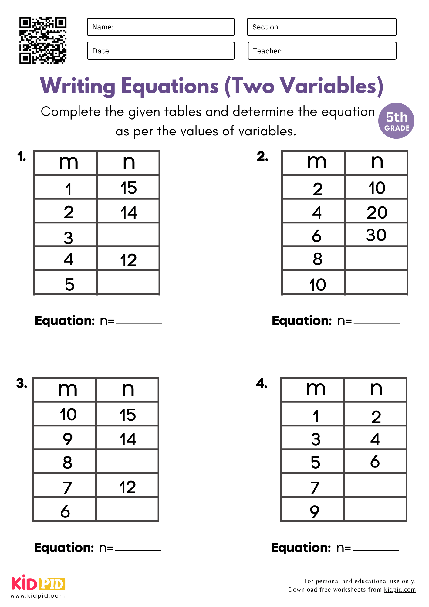 Writing Equations with 2 Variables Worksheet For Grade 5