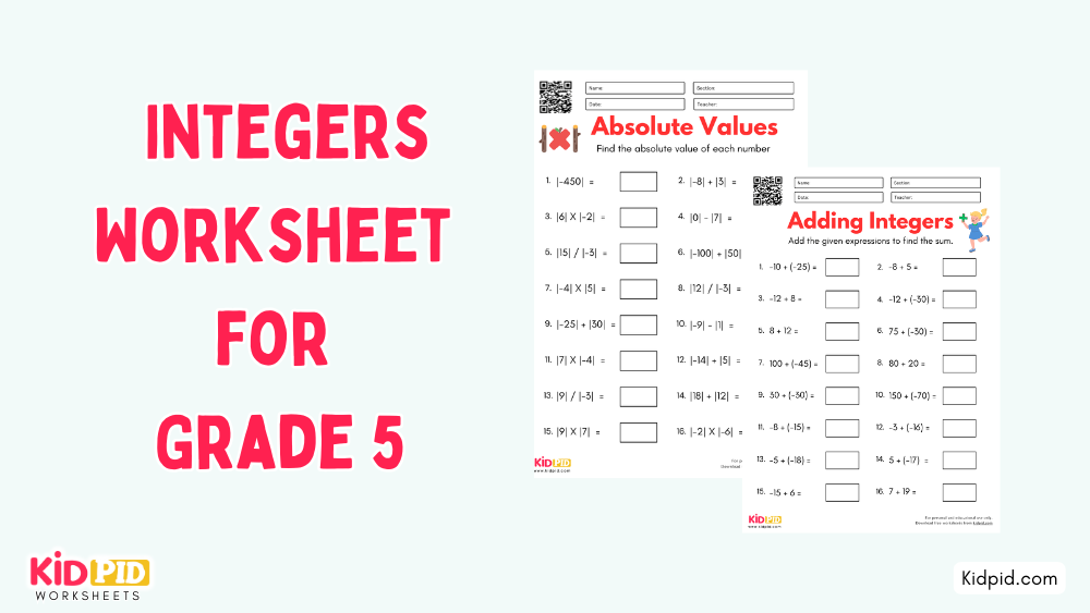 Integers Worksheet for Grade 5