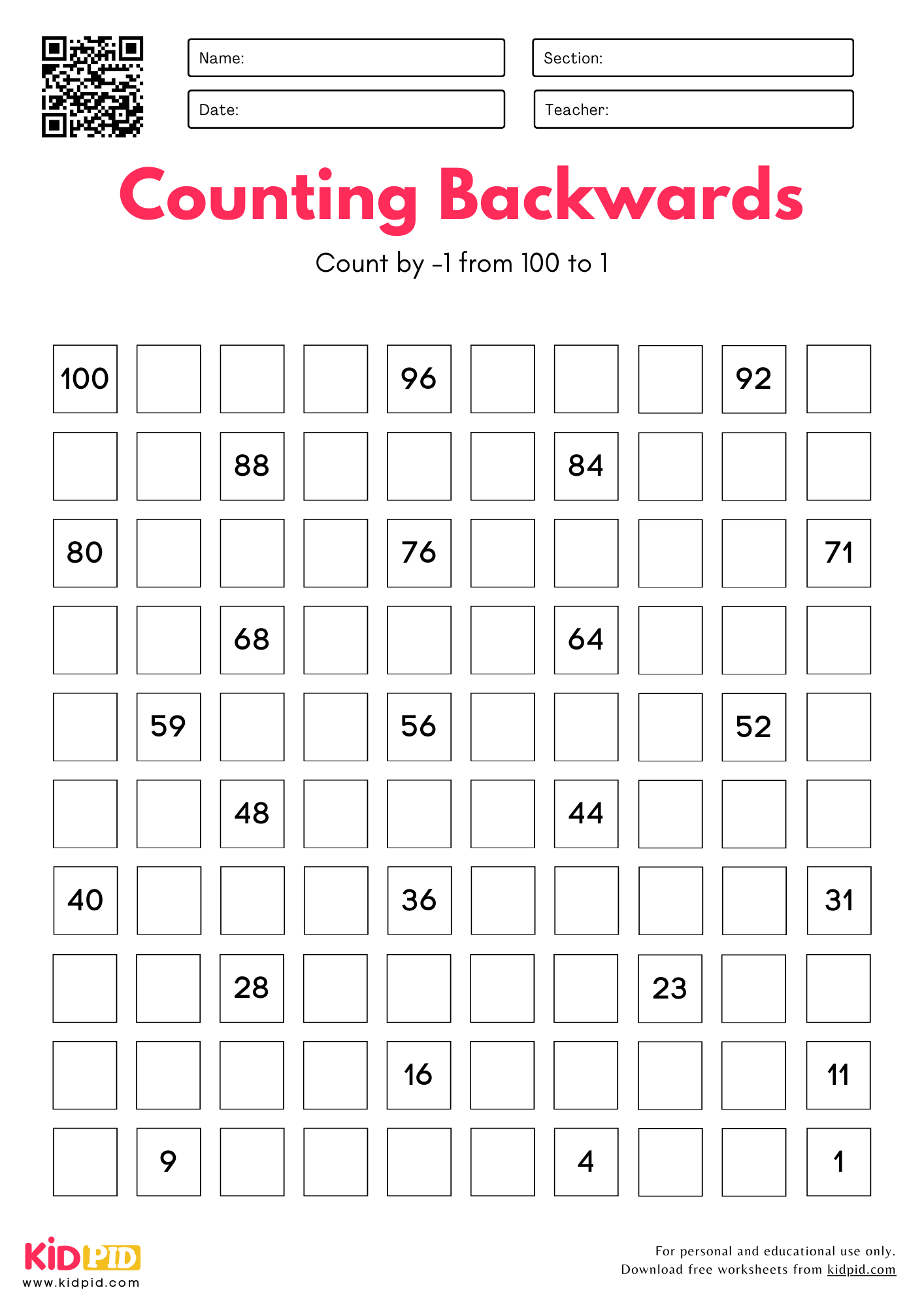 Number Chart - Counting Backwards by 1's Worksheet For Grade 1