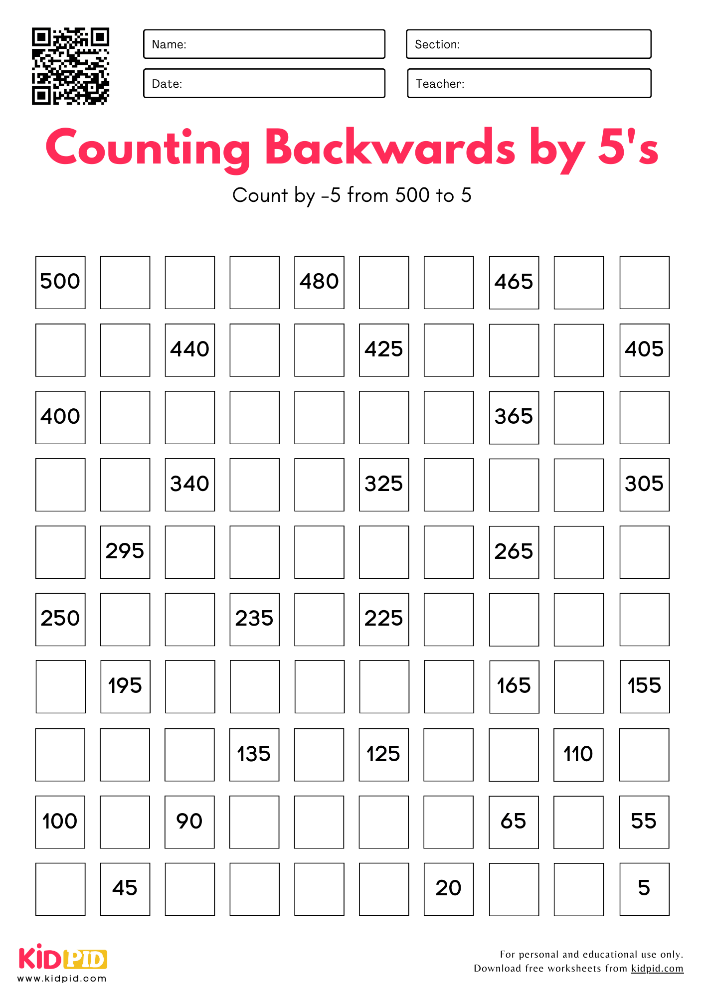 Number Chart - Counting Backwards by 5's Worksheet For Grade 1