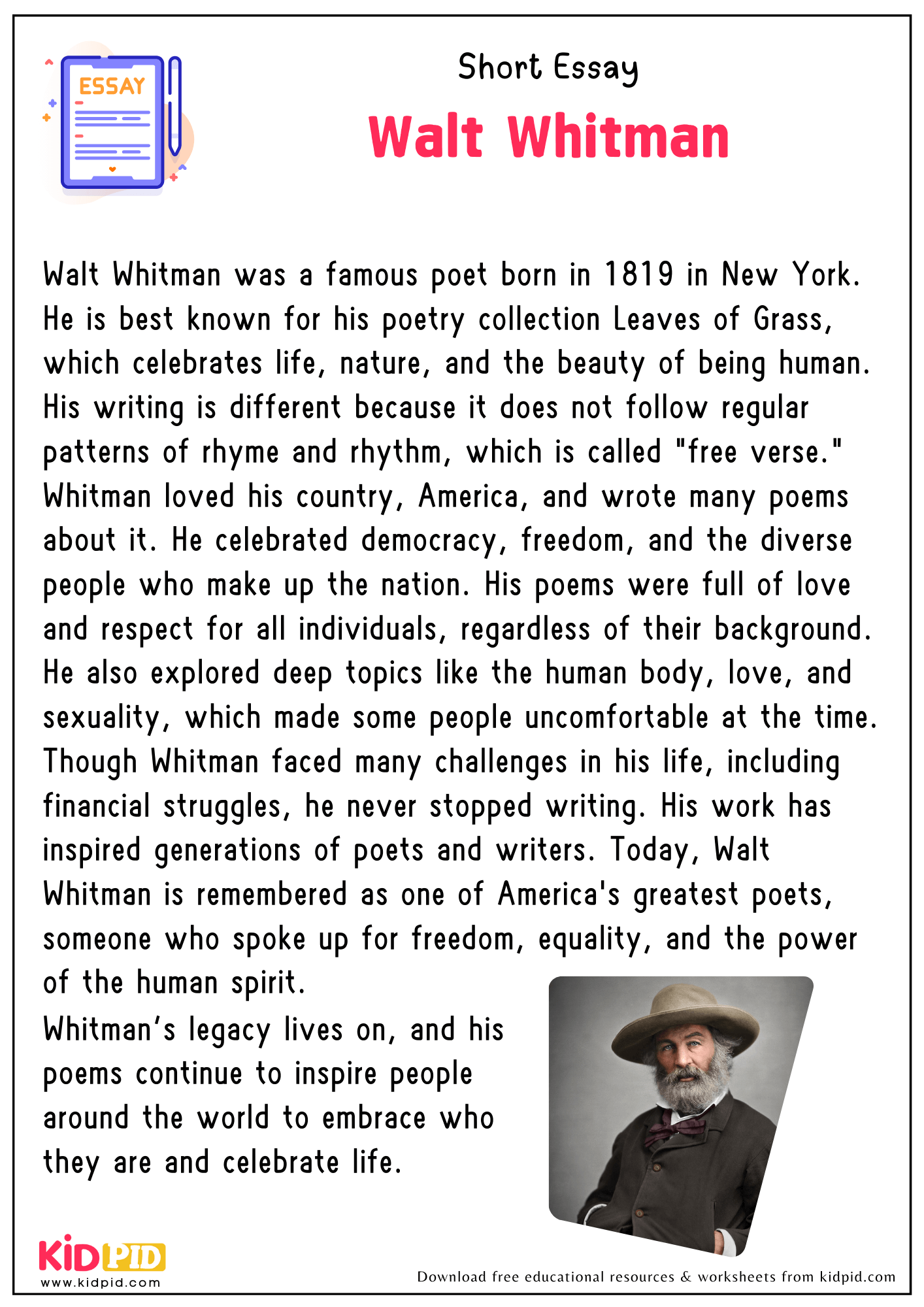 Short Essay Walt Whitman