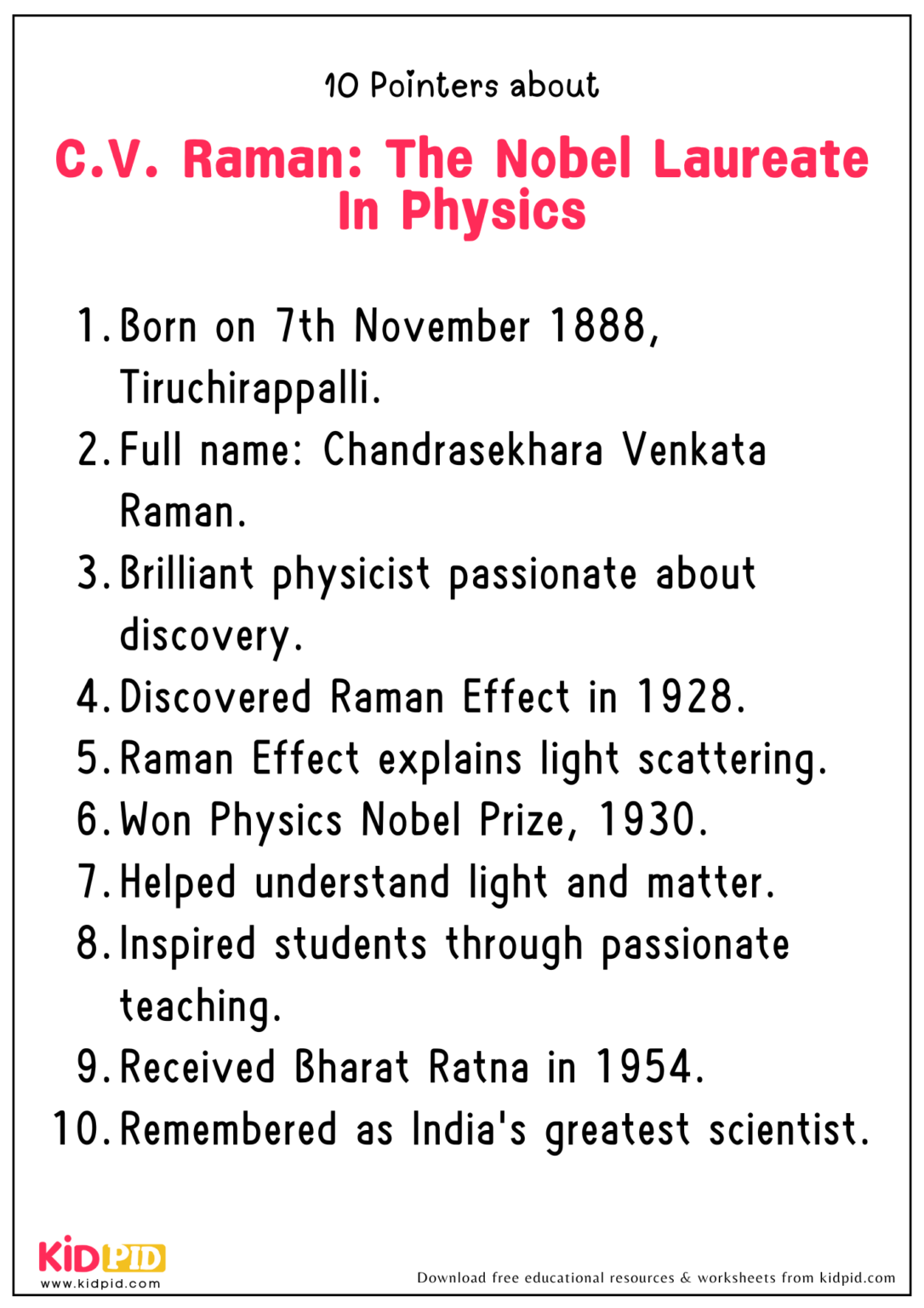 Essay - C.V. Raman: The Nobel Laureate In Physics - Kidpid