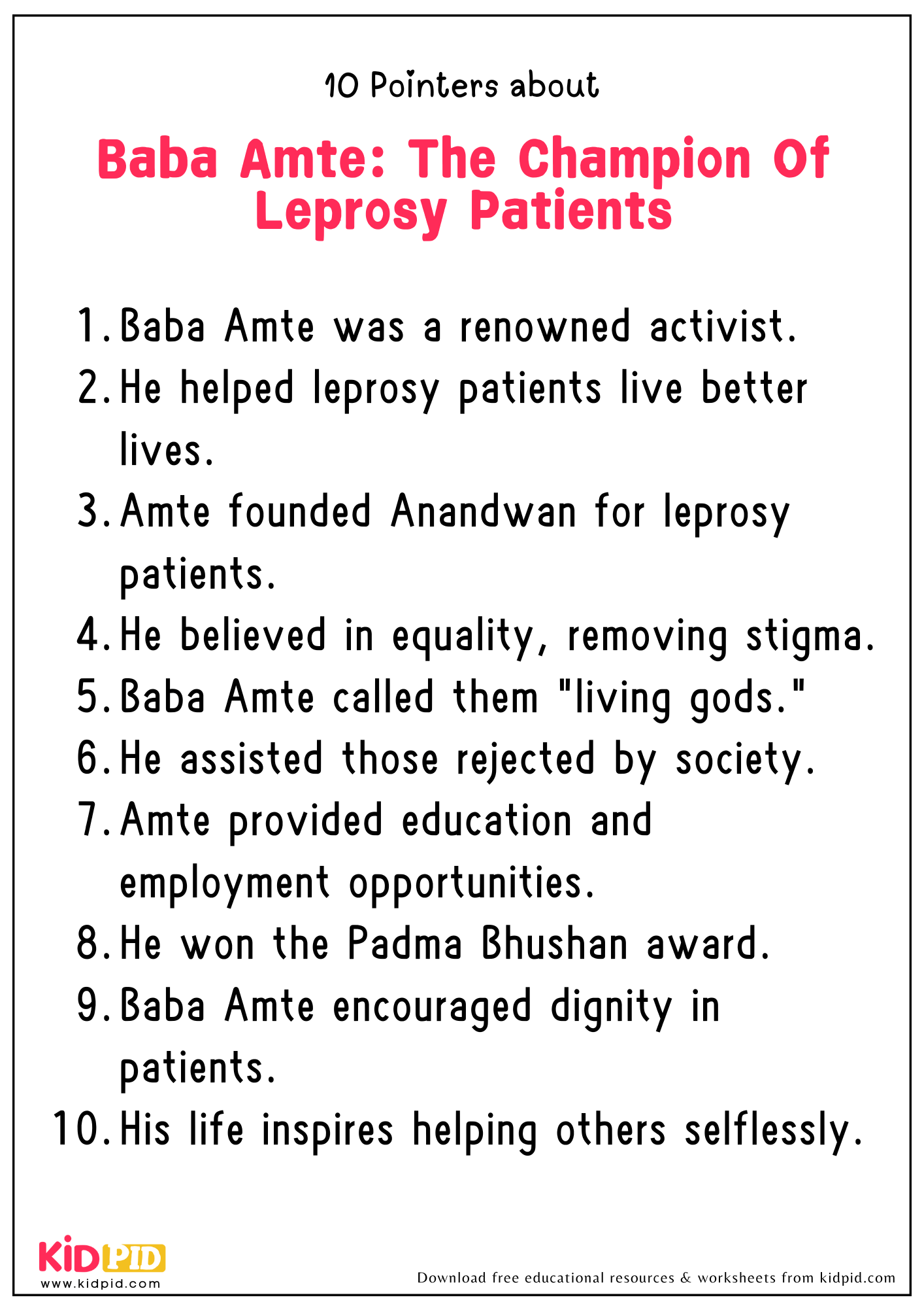 10 Points on the Topic " Baba Amte: The Champion Of Leprosy Patients"