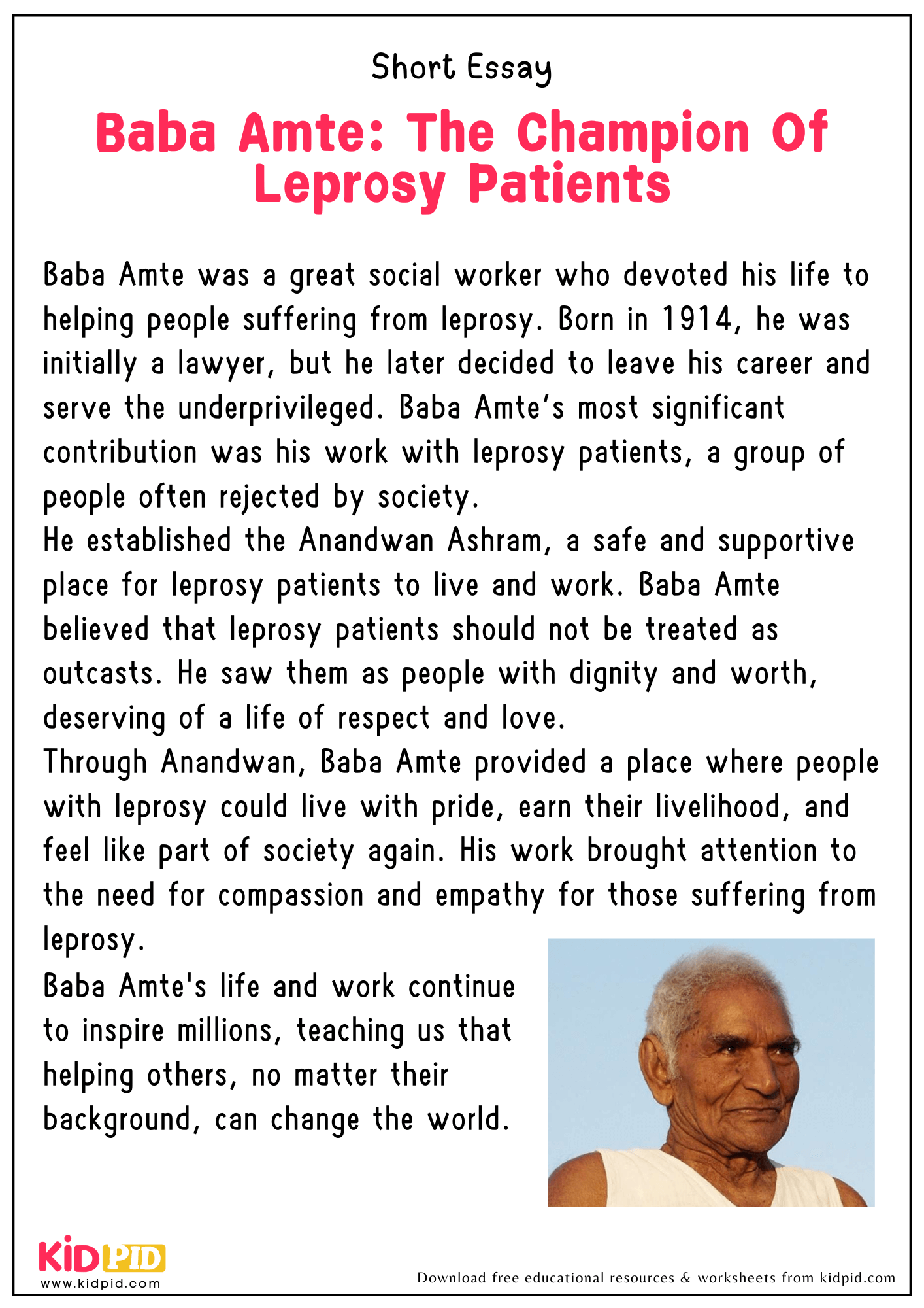 Short Essay on Baba Amte: The Champion Of Leprosy Patients