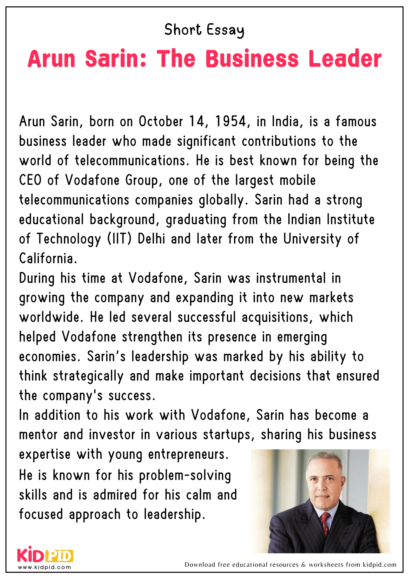 Short Essay on “ Arun Sarin: The Business Leader”