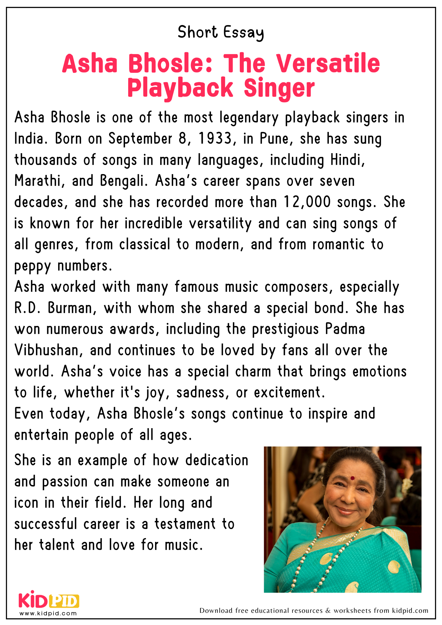 Short Essay on “Asha Bhosle: The Versatile Playback Singernt”