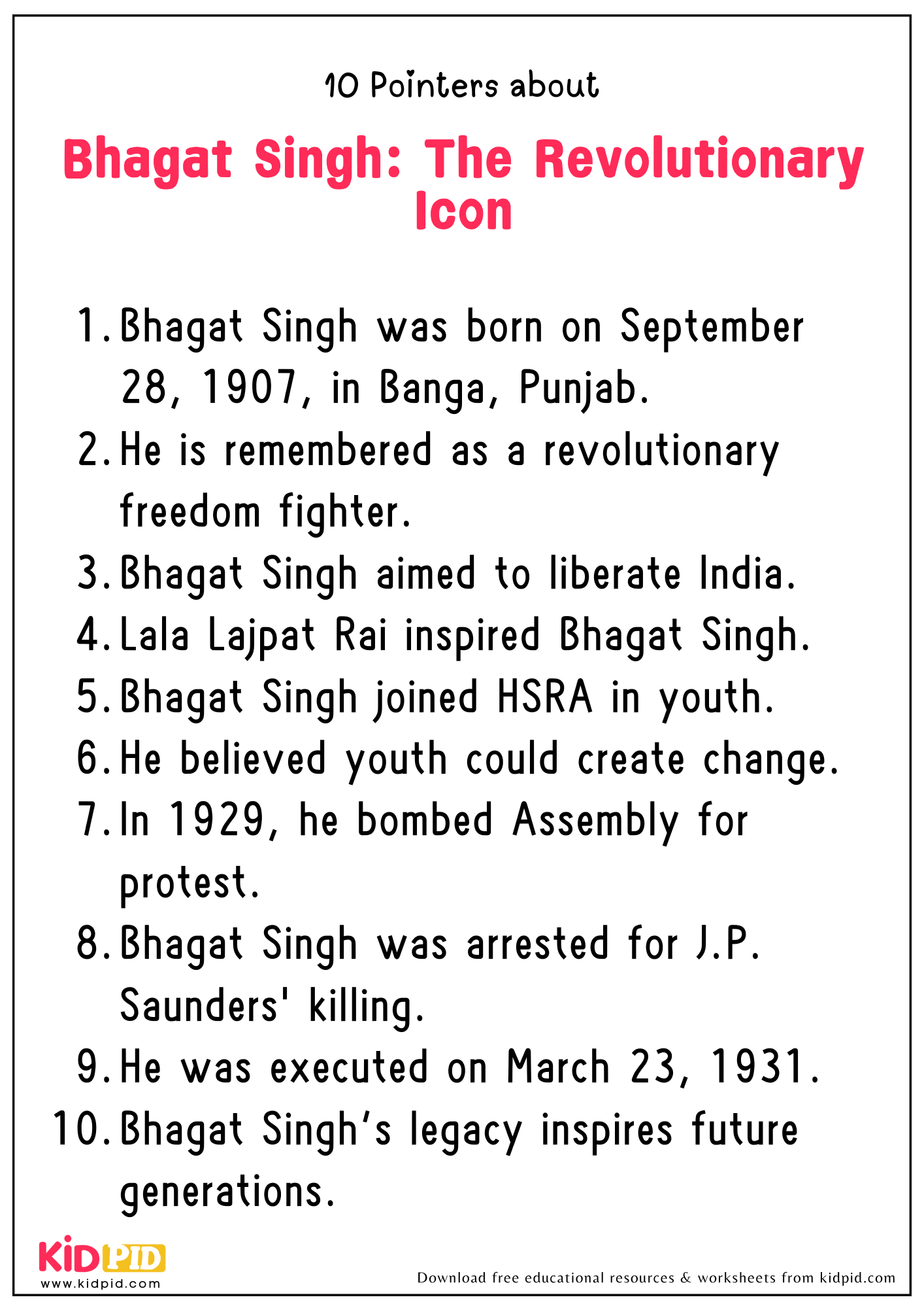 10 Points on The Topic "Bhagat Singh: The Revolutionary Icon"
