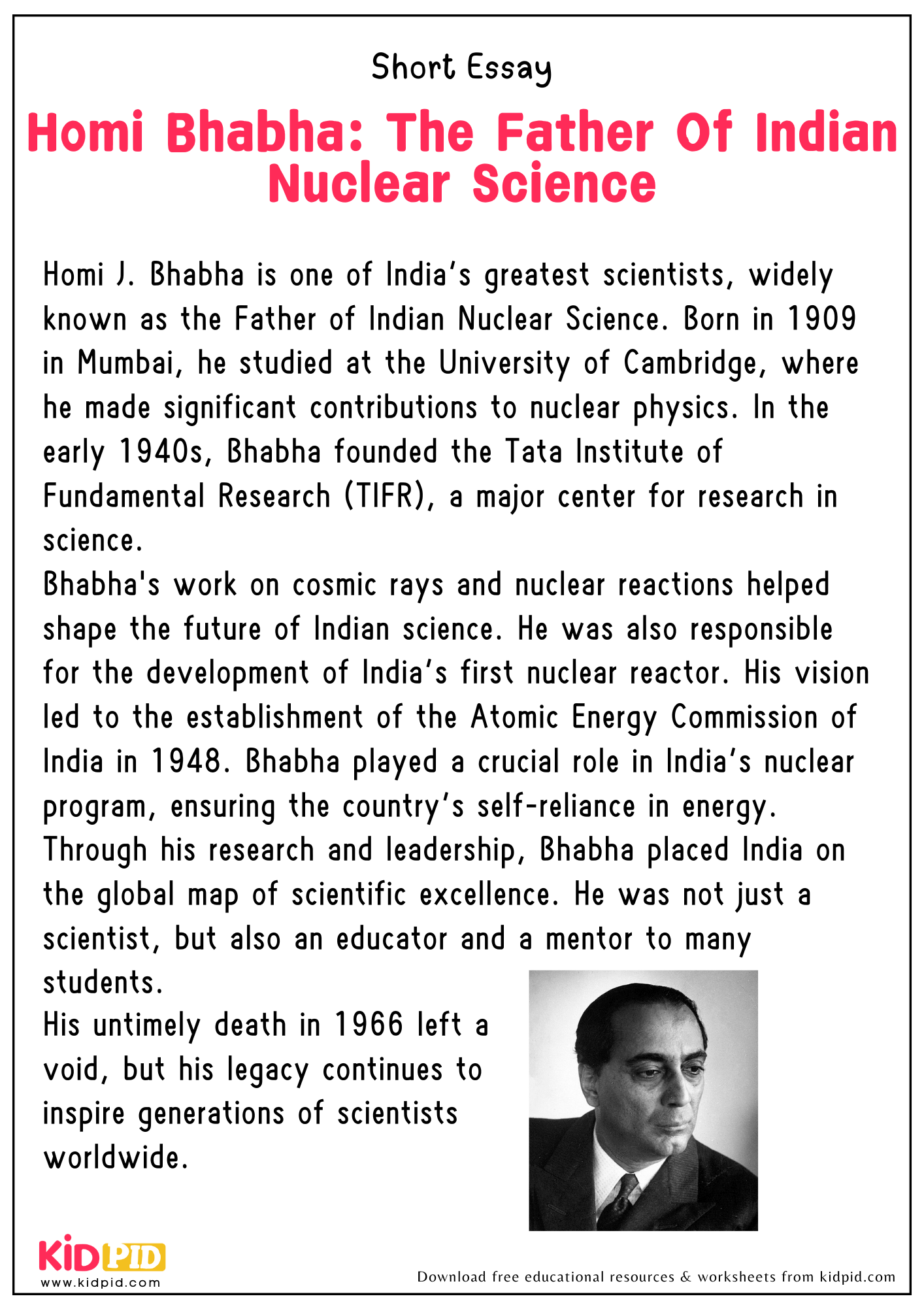Short Essay on “Homi Bhabha: The Father Of Indian Nuclear Science”