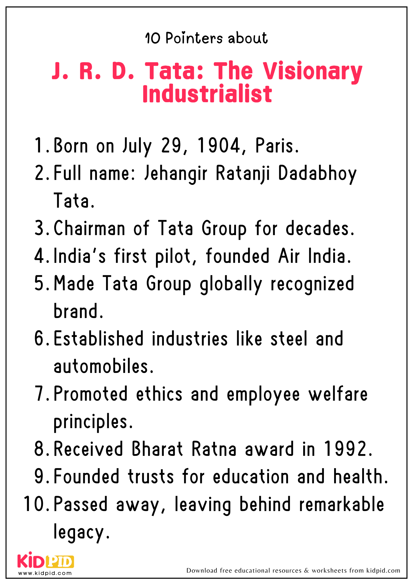 10 Points on The Topic "J. R. D. Tata: The Visionary Industrialist"