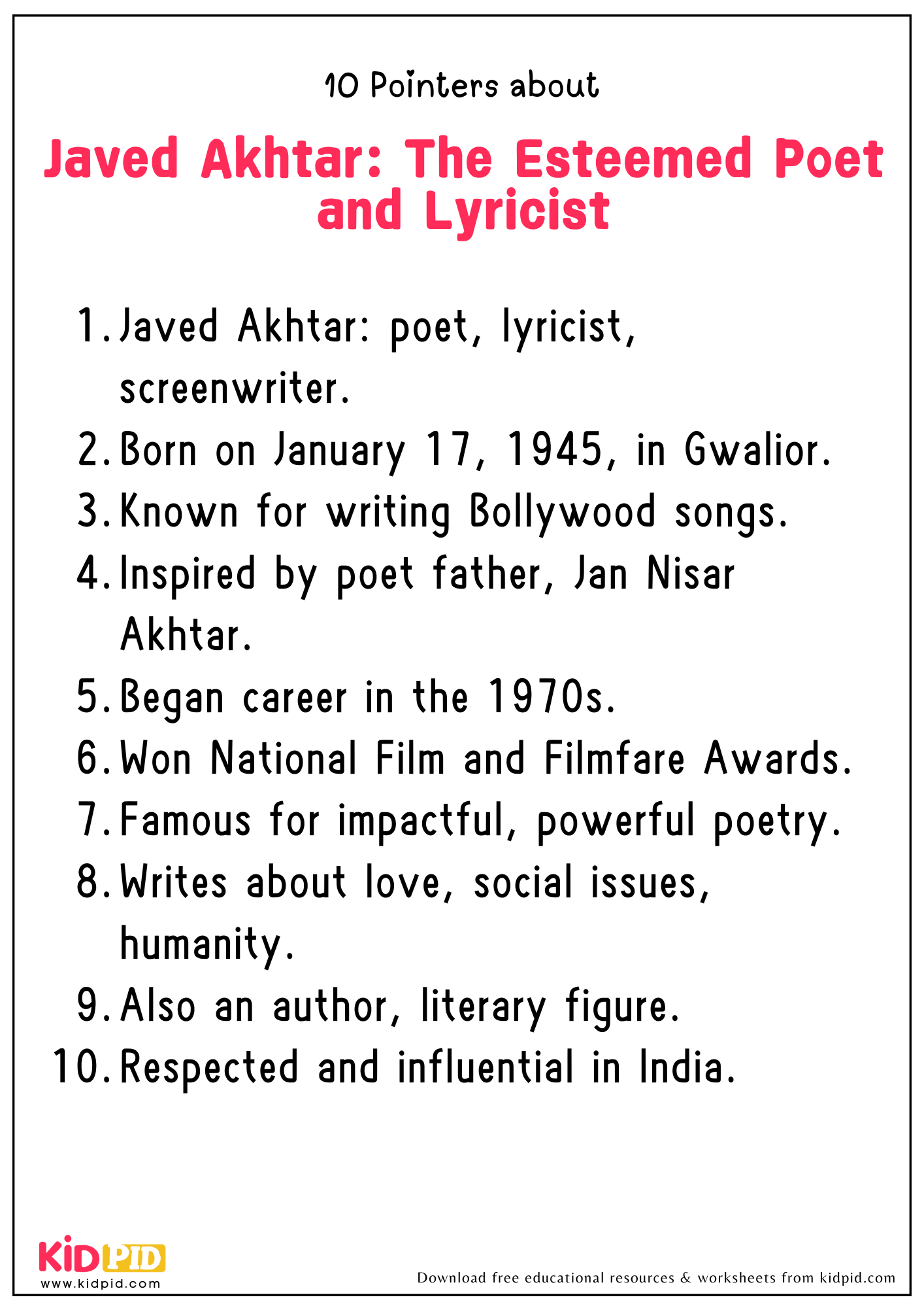 10 Points on the Topic "Javed Akhtar: The Esteemed Poet and Lyricist"